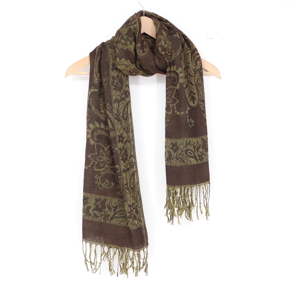 Unbranded Scarf Womens OS Pashmina Wrap Brown Green Paisley Fringe Excellent